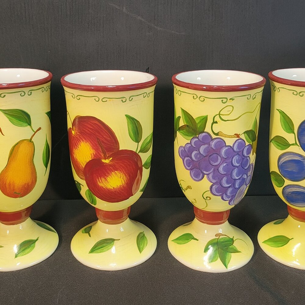 Set of 4 Sonoma Home Lifestyle "FRUIT" Pedestal Hand Painted Mugs